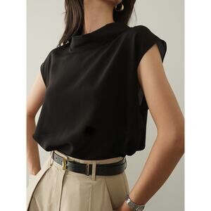 Commense Leisure Minimalist Elegant Cap Sleeve Blouse Black NWT Large